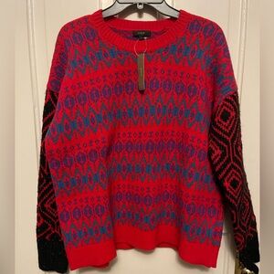 J. Crew Red and Blue Patterned Crew Neck Sweater